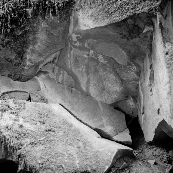 Black and white photograph of an interesting rock formation
